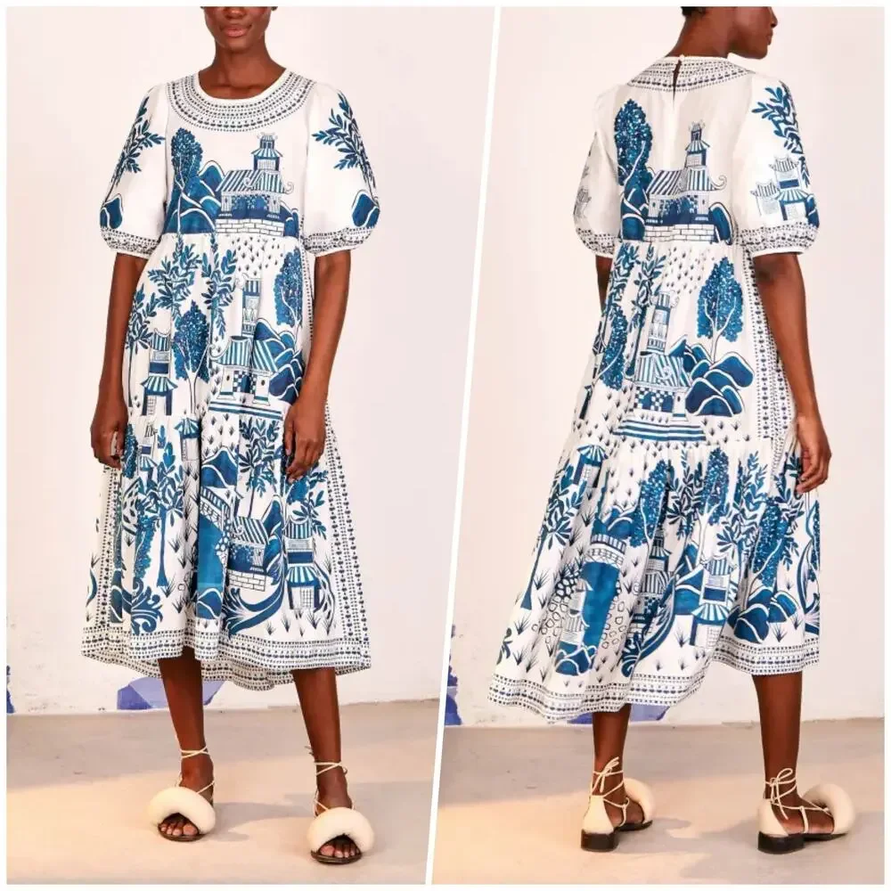 FARM Rio | Women | Ancient Garden Blue White Cotton Poplin Midi Dress | Size XS